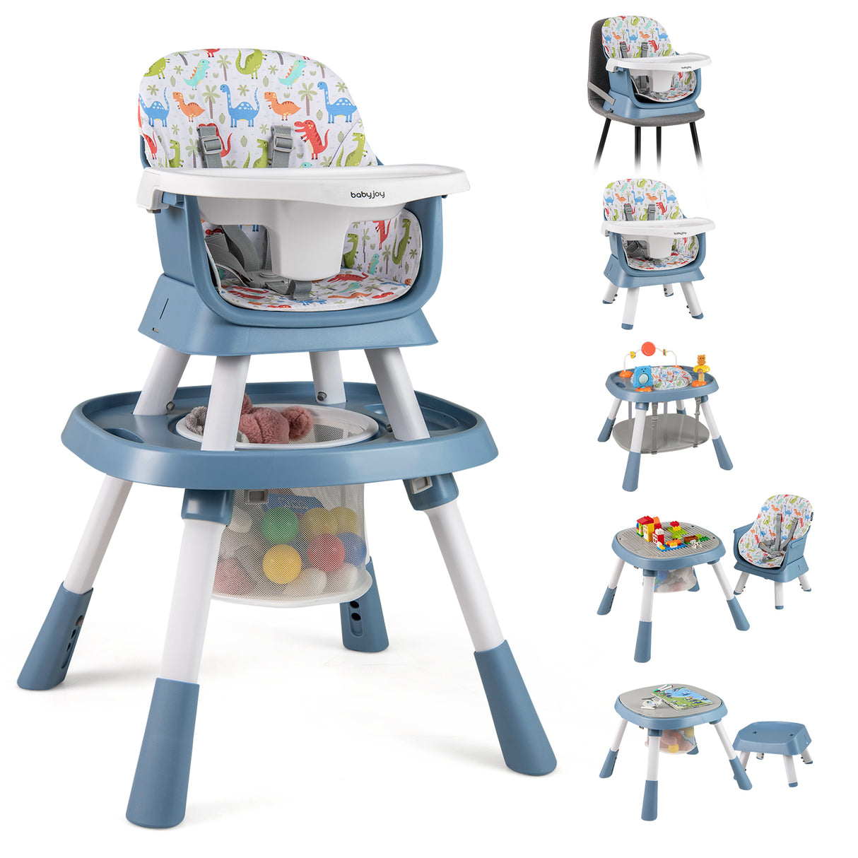 Multi-functional high chair with toy storage and additional seating arrangements on a white background