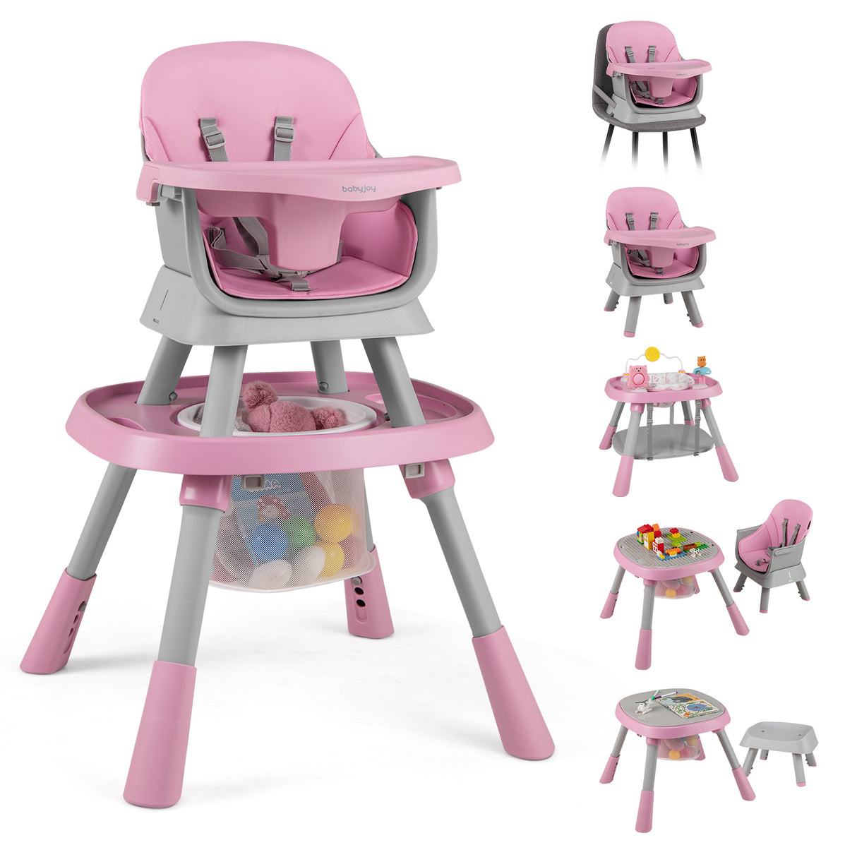 Pink and gray high chair with multiple views on a white background