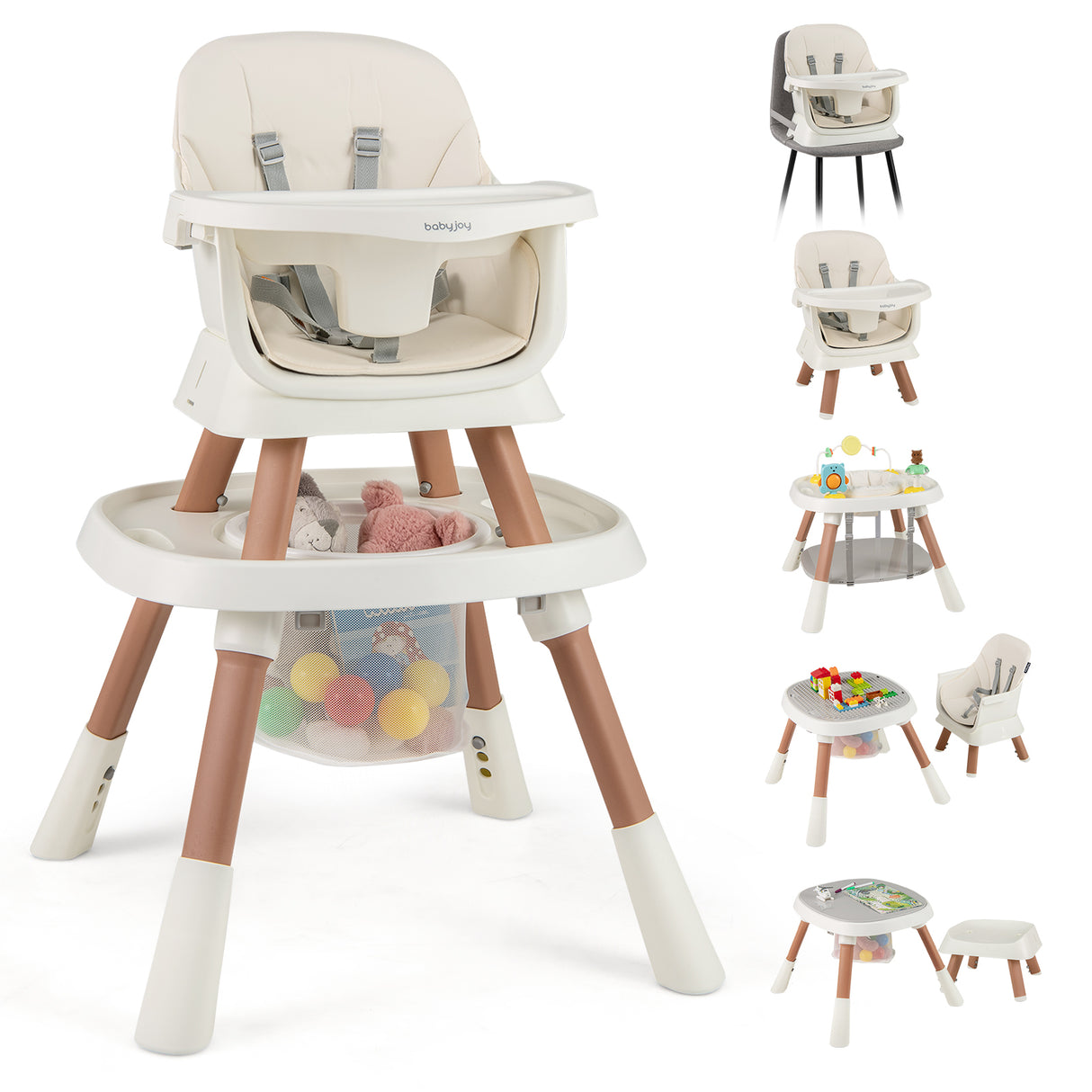 Multi-functional high chair with toy tray and storage bag on a white background