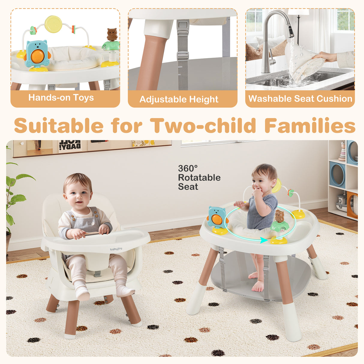 Baby seat with features like hands-on toys, adjustable height, washable seat cushion, and 360-degree rotatable seat. Suitable for two-child families.
