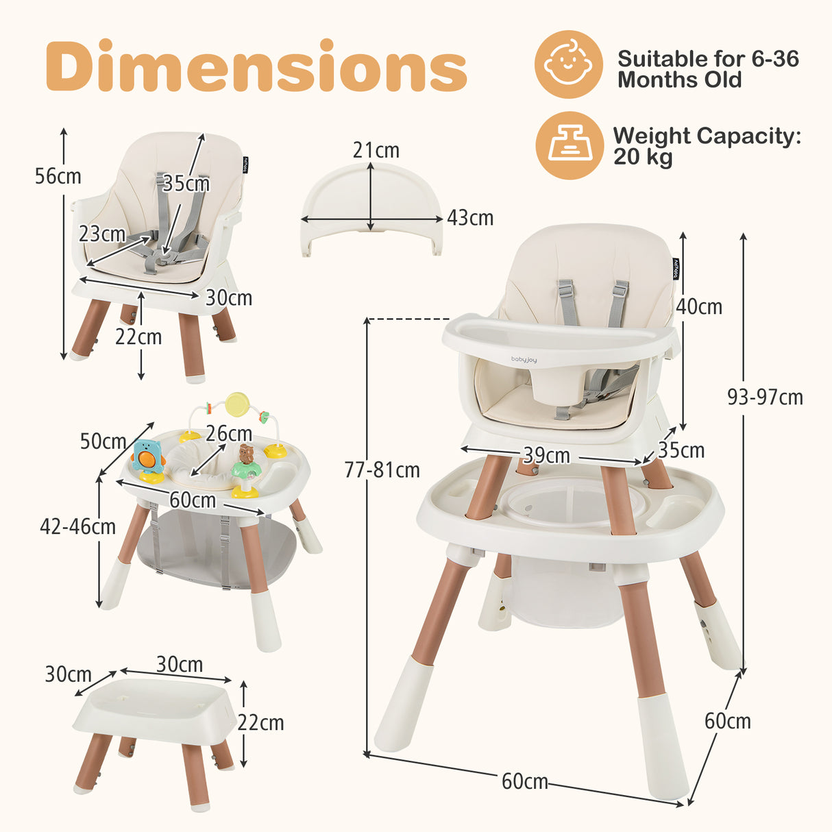 Baby high chair with dimensions and features on a white background