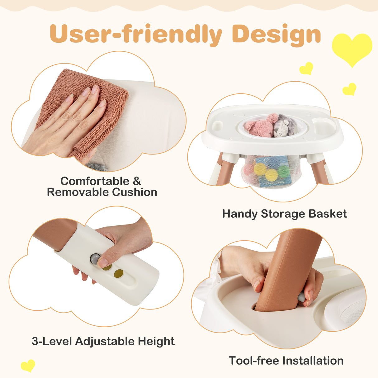 Baby seat with features like comfortable cushion, storage basket, adjustable height, and tool-free installation.