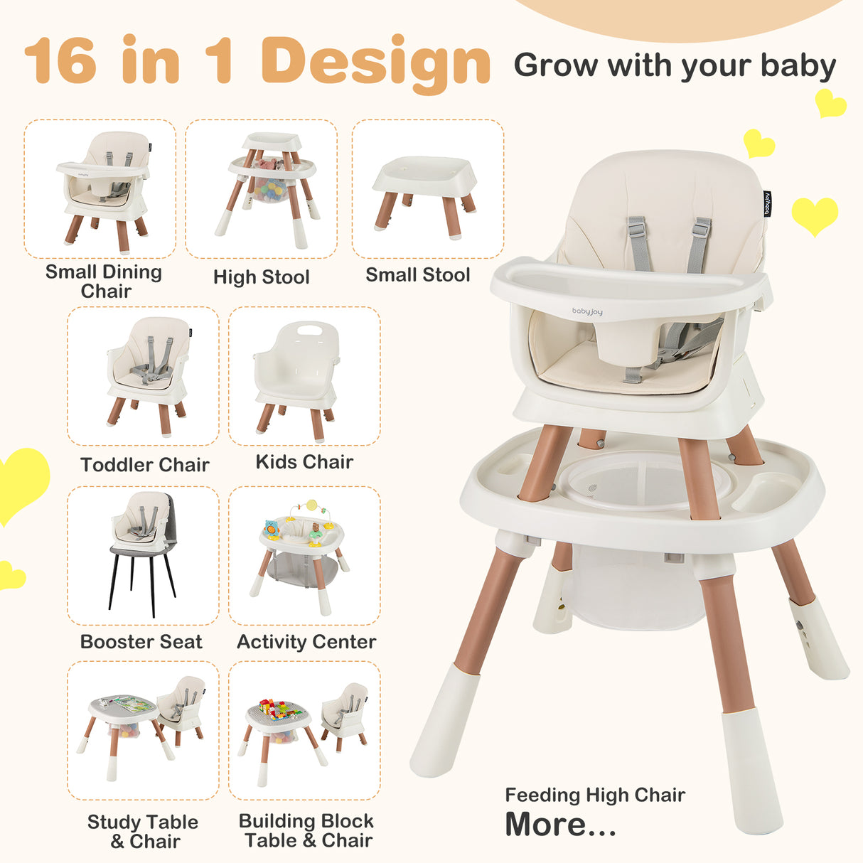 16-in-1 baby chair and table set with various configurations and features.