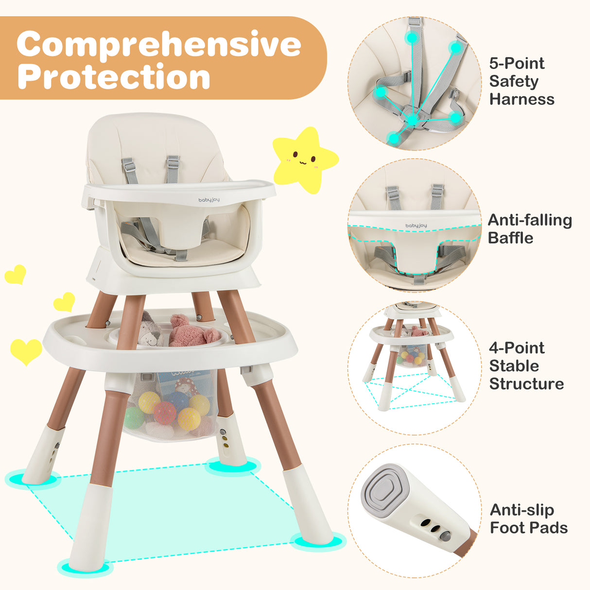 High chair with safety features highlighted on a light background
