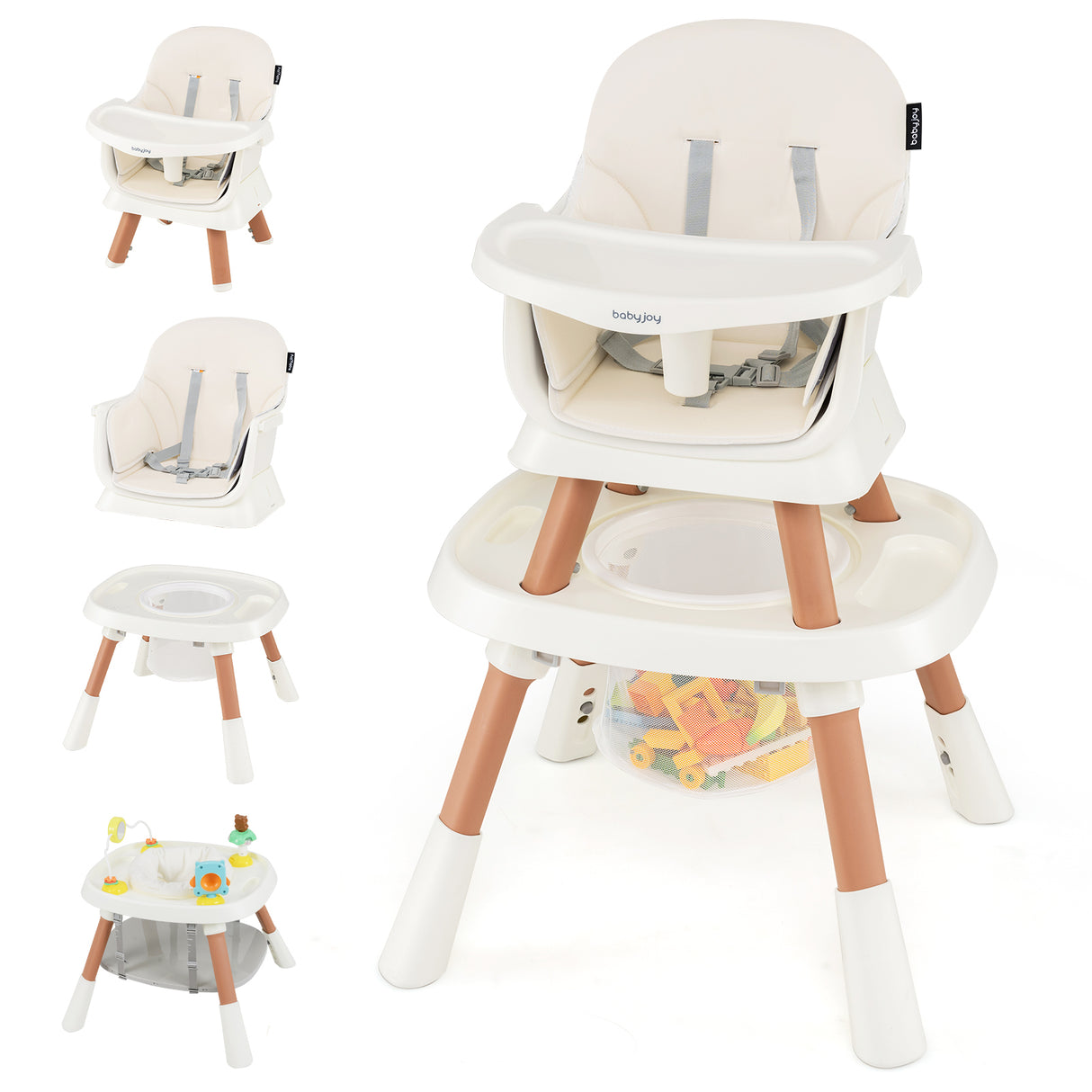 Multi-functional baby high chair and play table with various attachments on a white background