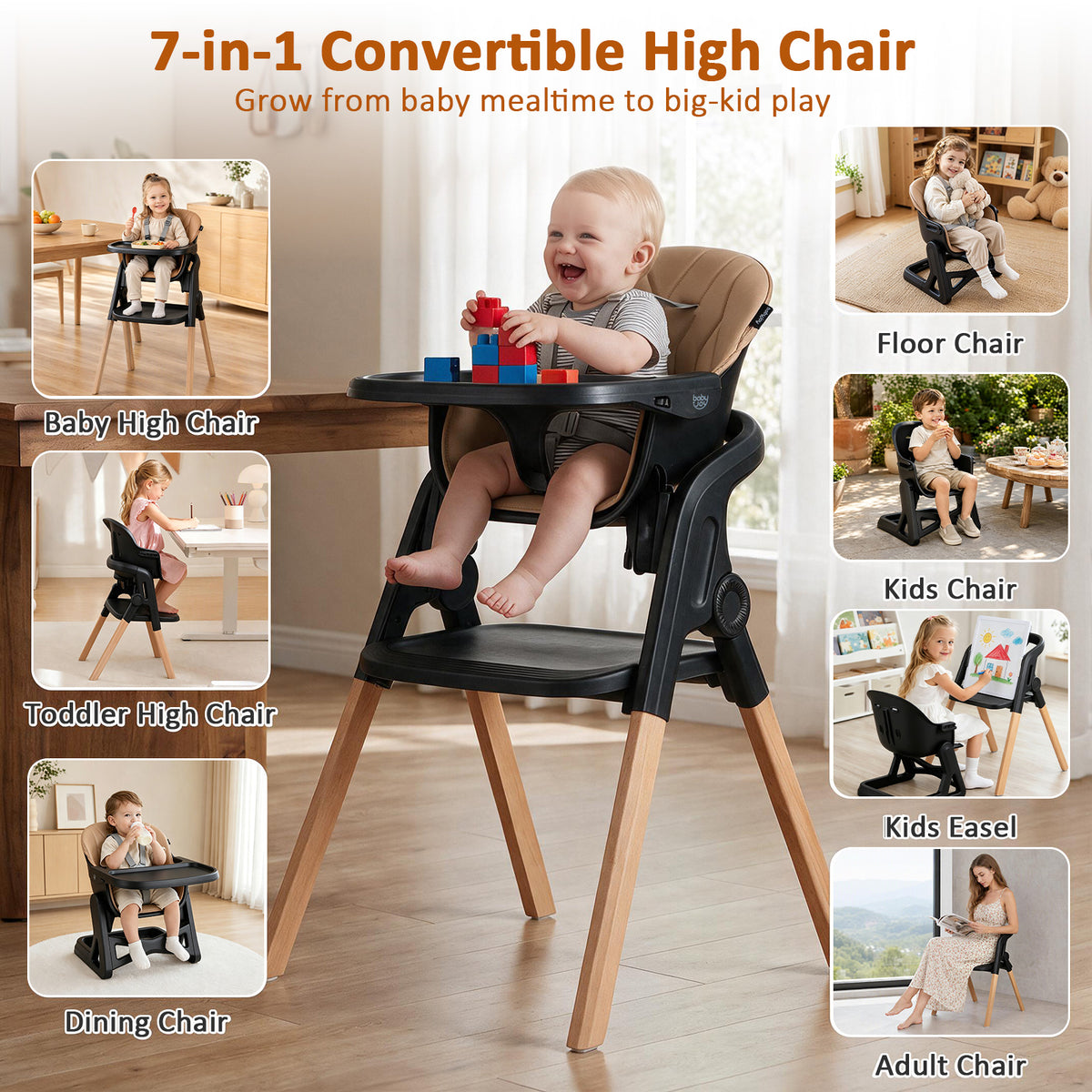 BABY JOY 7-in-1 Convertible Foldable Baby High Chair w/Adjustable Tray
