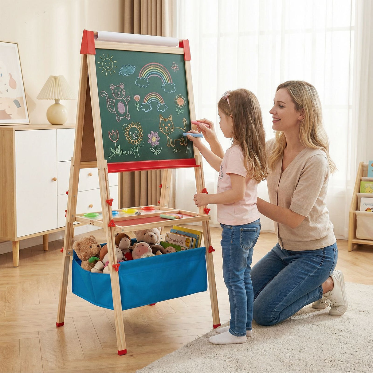 Adjustable Art Easel with Magnetic Chalkboard and Whiteboard