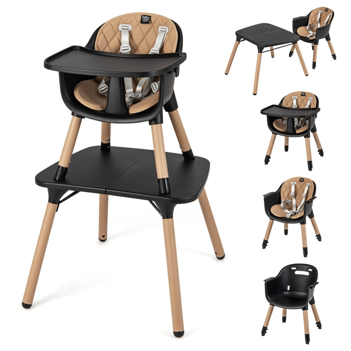 Multi-functional high chair with tray and seat cover, shown from multiple angles on a white background.