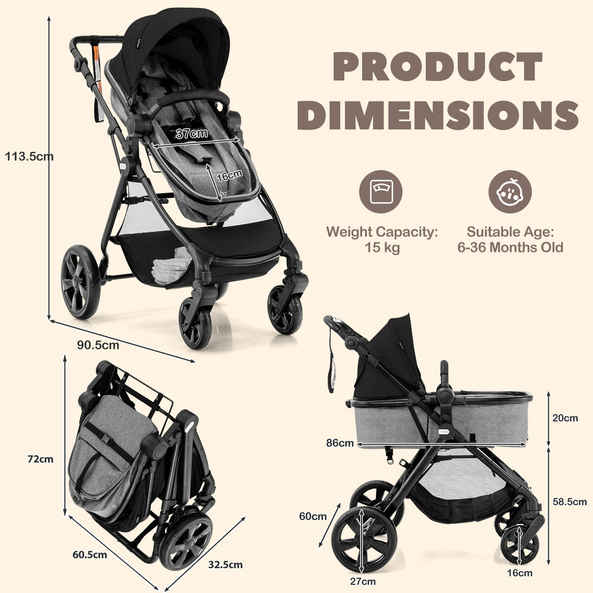 BABY JOY 2 in 1 High Landscape Baby Stroller, Convertible Baby Pram Jogger