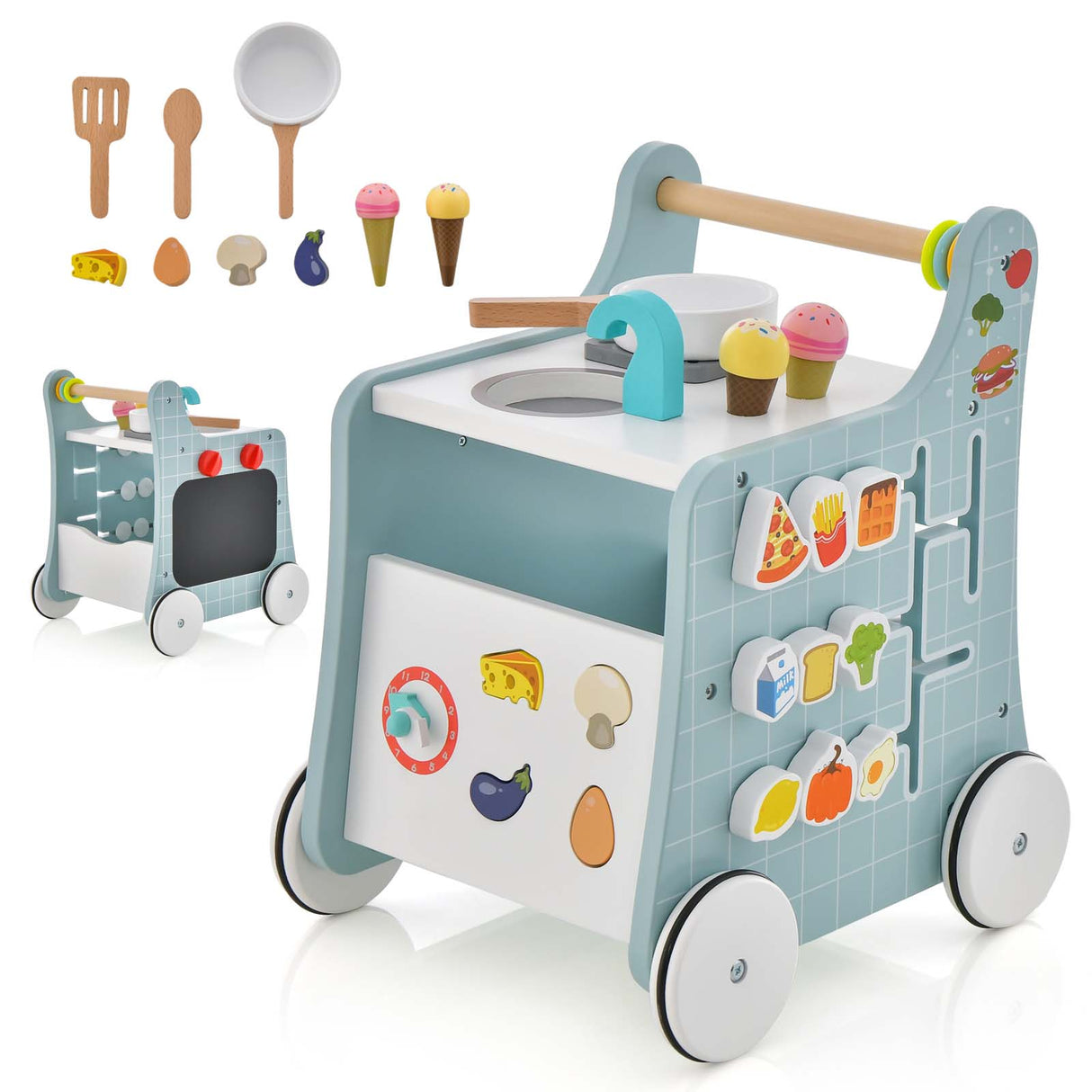 BABY JOY 6-in-1 Wooden Baby Walker, Toddler Push and Pull Learning Activity Center