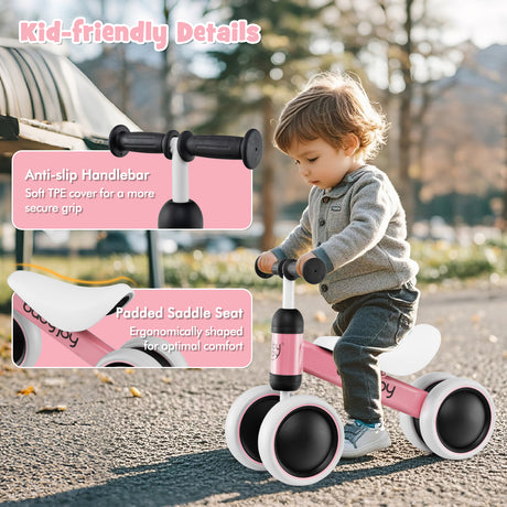 BABY JOY Baby Balance Bike, No Pedal Infant 4 Wheels Bicycle with Non-slip Handlerbar & Padded Saddle Seat