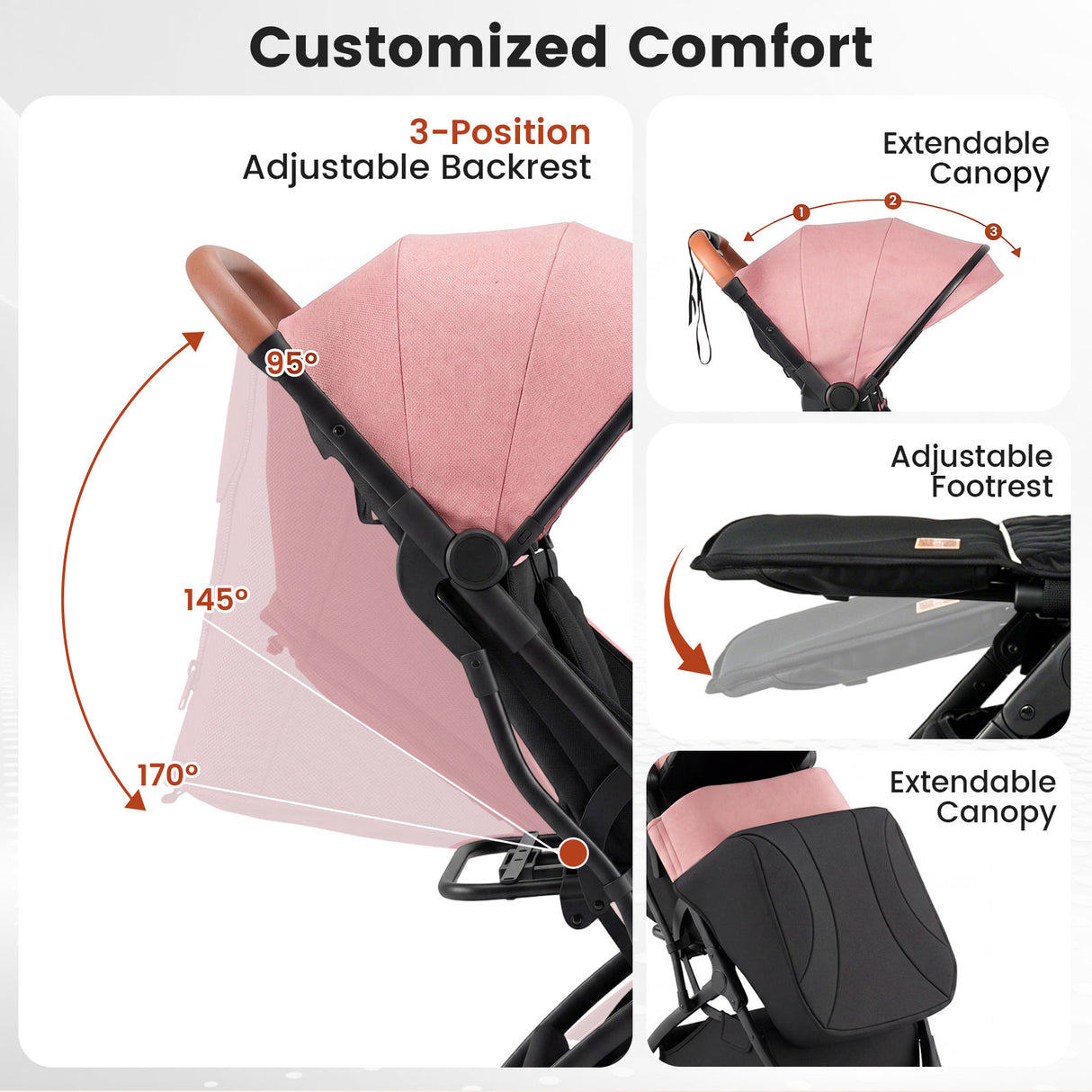 Lightweight Baby Stroller with Adjustable Backrest and Footmuff