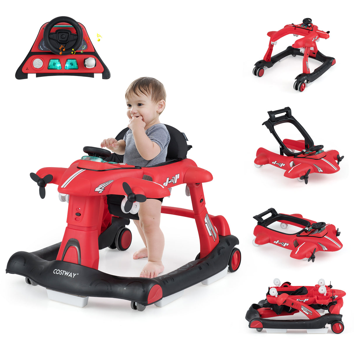 6-in-1 Baby Walker, Foldable Push Walker with Adjustable Height & Speed, Padded Seat