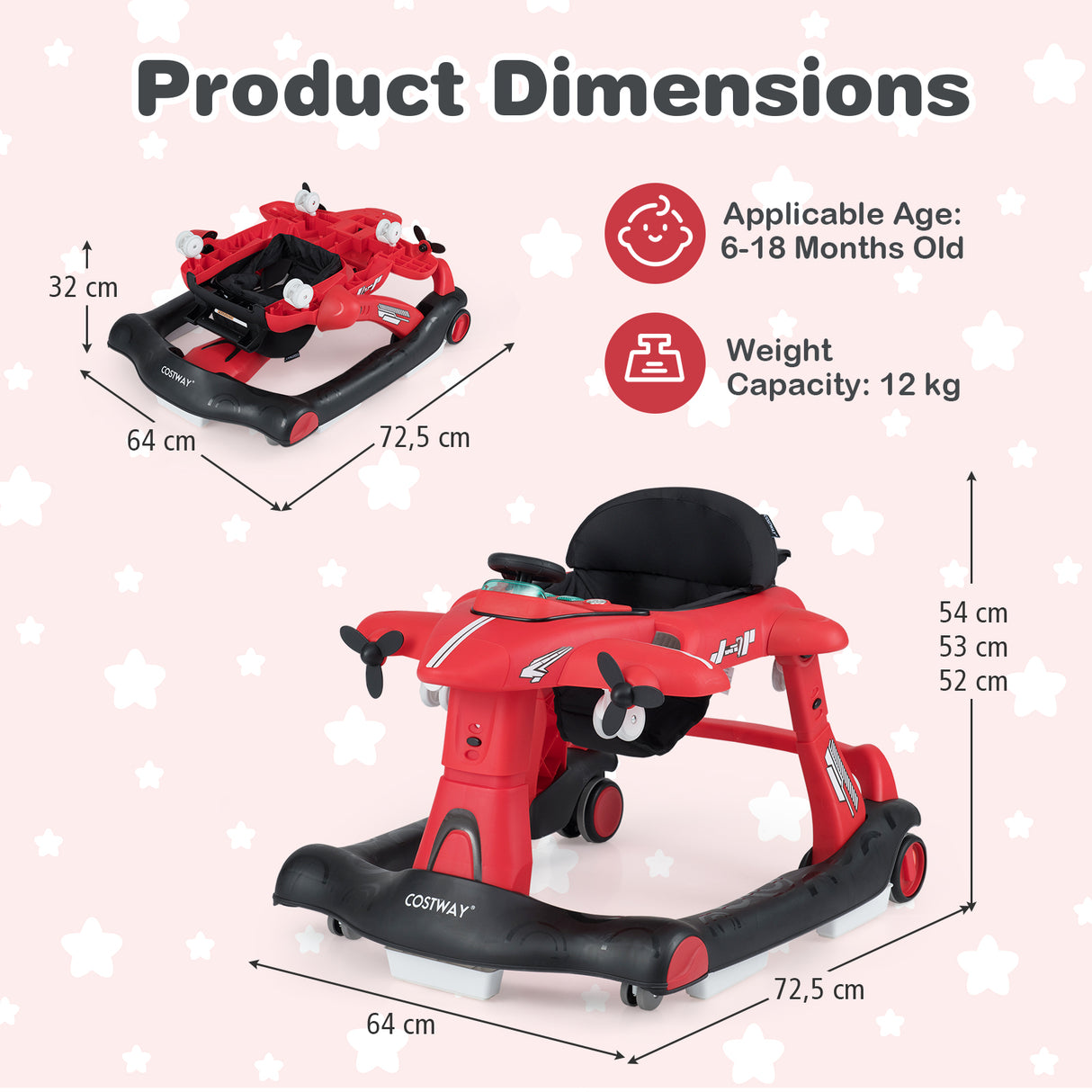 6-in-1 Baby Walker, Foldable Push Walker with Adjustable Height & Speed, Padded Seat