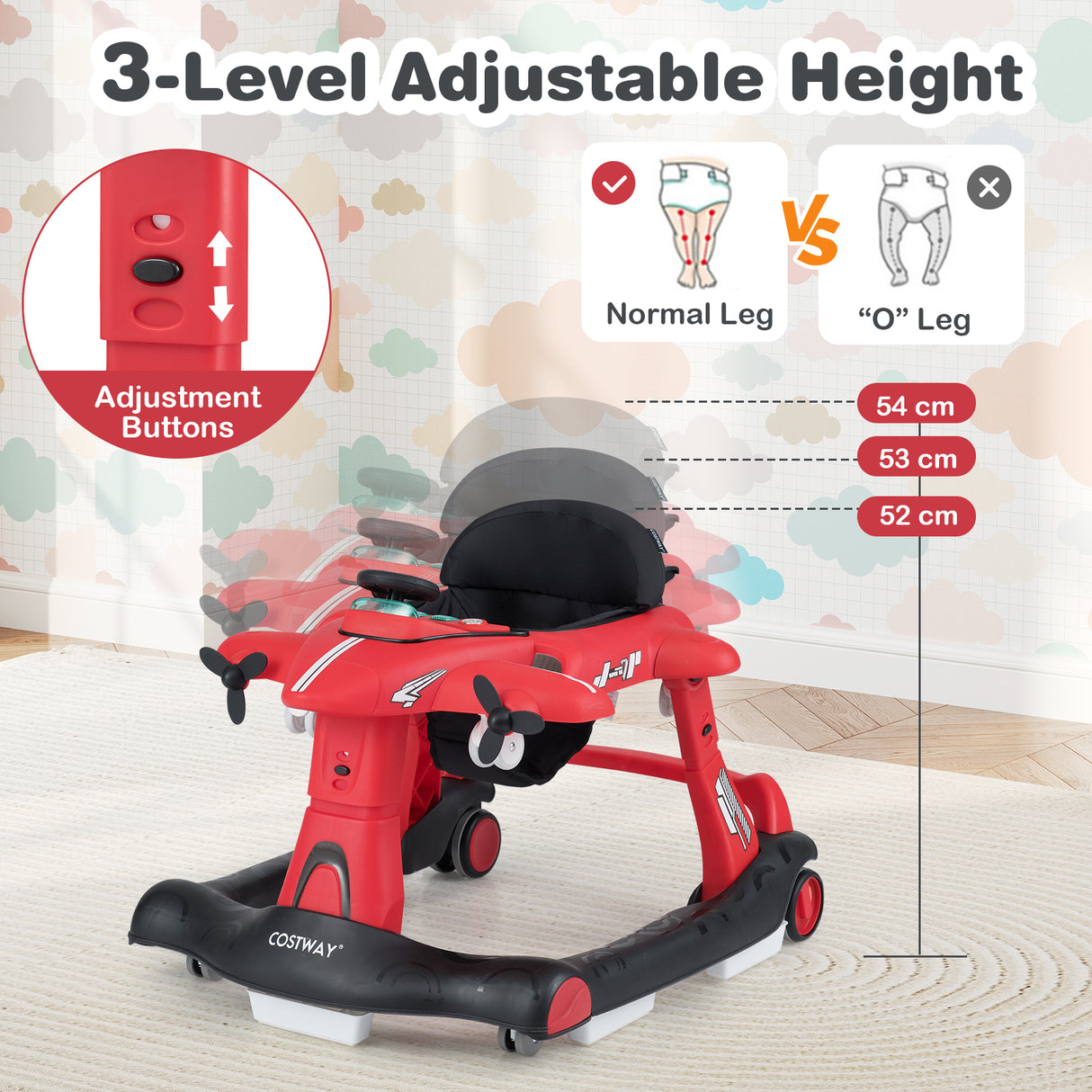 6-in-1 Baby Walker, Foldable Push Walker with Adjustable Height & Speed, Padded Seat