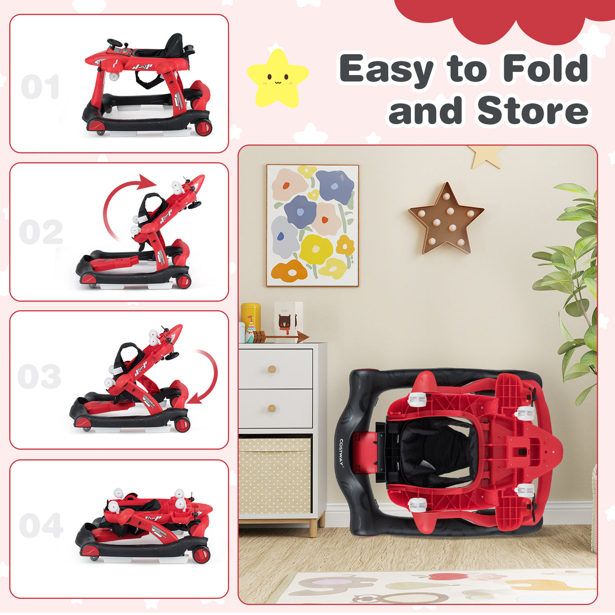 6-in-1 Baby Walker, Foldable Push Walker with Adjustable Height & Speed, Padded Seat