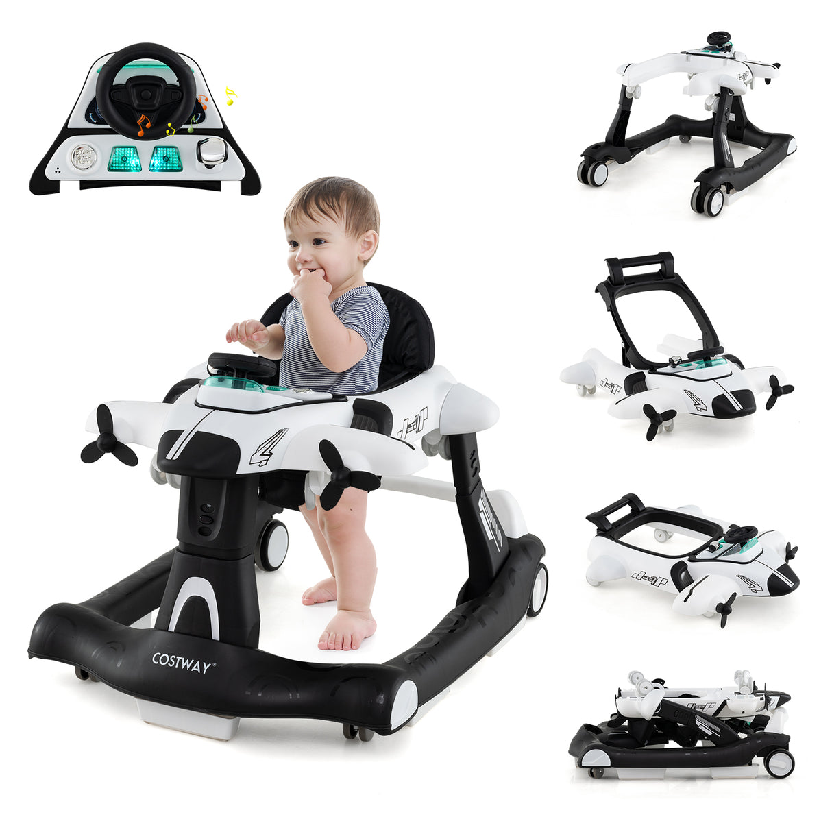 6-in-1 Baby Walker, Foldable Push Walker with Adjustable Height & Speed, Padded Seat