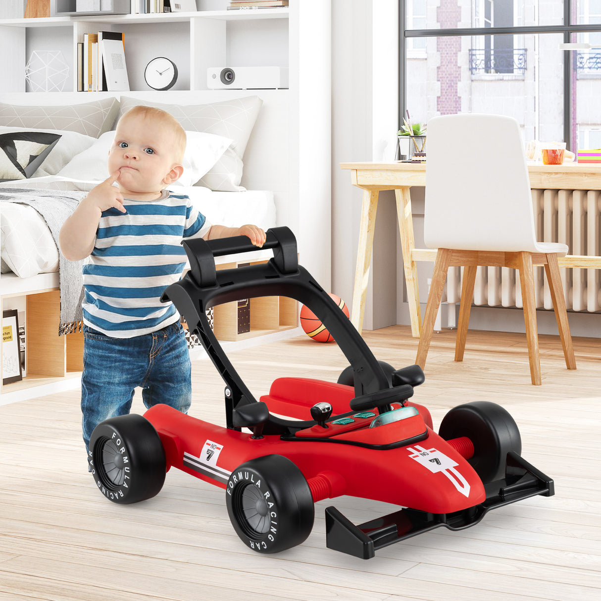 4-in-1 Baby Push Walker, Activity Center w/ 3-Level Adjustable Height, Padded Seat Steering Wheel & Music Box