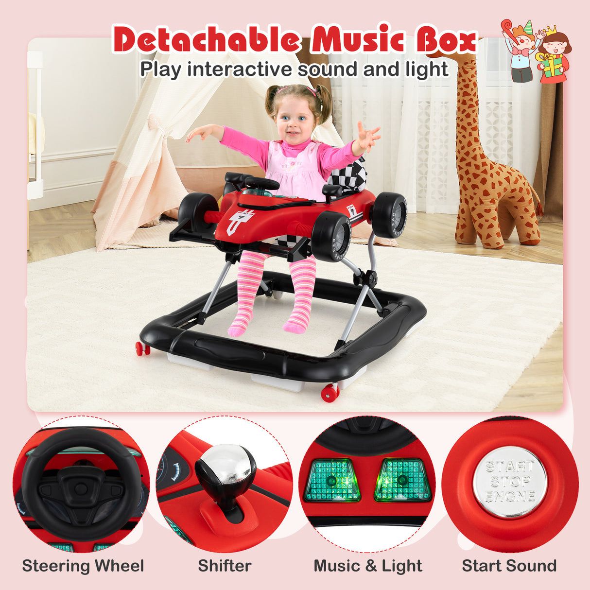 4-in-1 Baby Push Walker, Activity Center w/ 3-Level Adjustable Height, Padded Seat Steering Wheel & Music Box