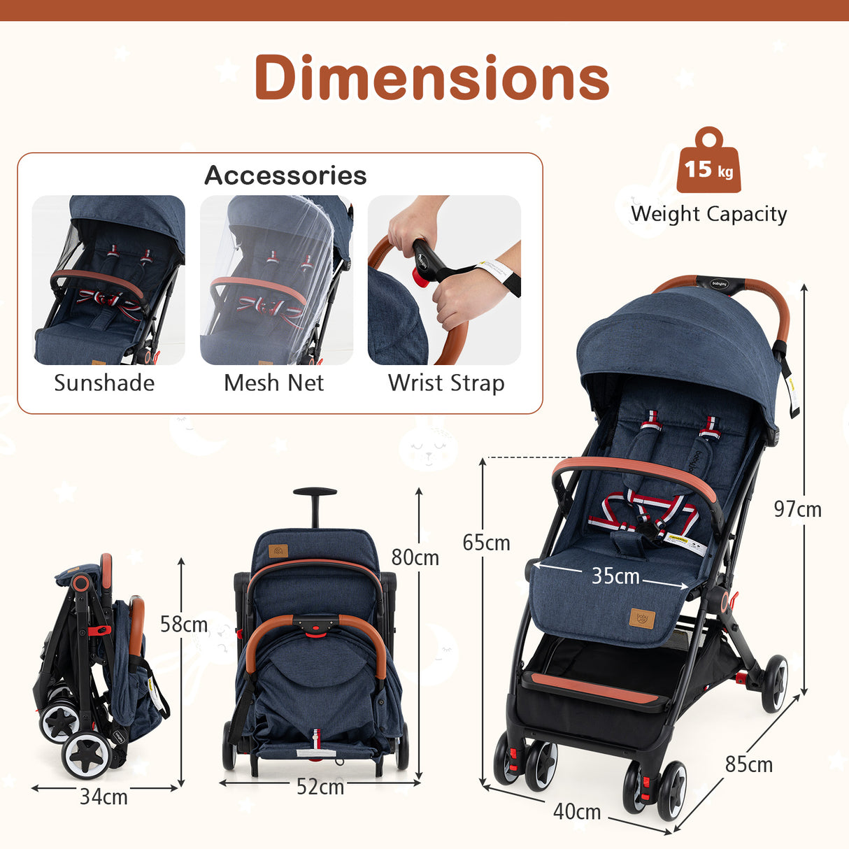 Compact Baby Stroller, Navy - Baby Joy