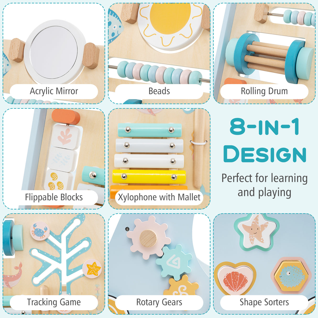 8-in-1 Wooden Baby Walker, Push and Pull Learning Activity Center for 1+ Years Old