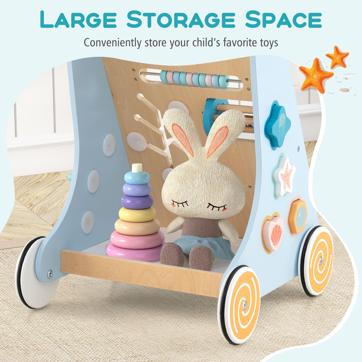 8-in-1 Wooden Baby Walker, Push and Pull Learning Activity Center for 1+ Years Old