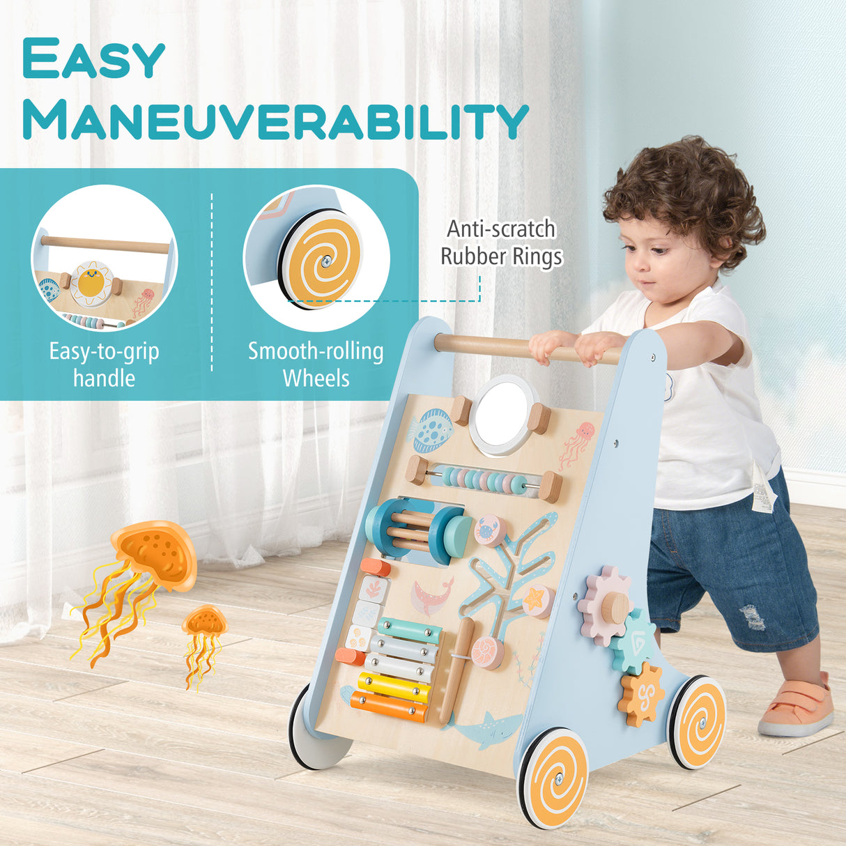 8-in-1 Wooden Baby Walker, Push and Pull Learning Activity Center for 1+ Years Old