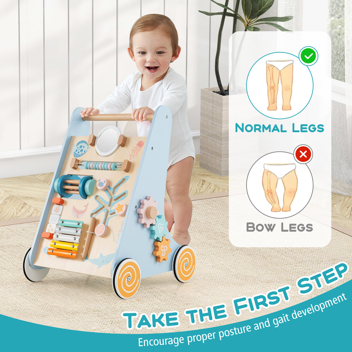 8-in-1 Wooden Baby Walker, Push and Pull Learning Activity Center for 1+ Years Old