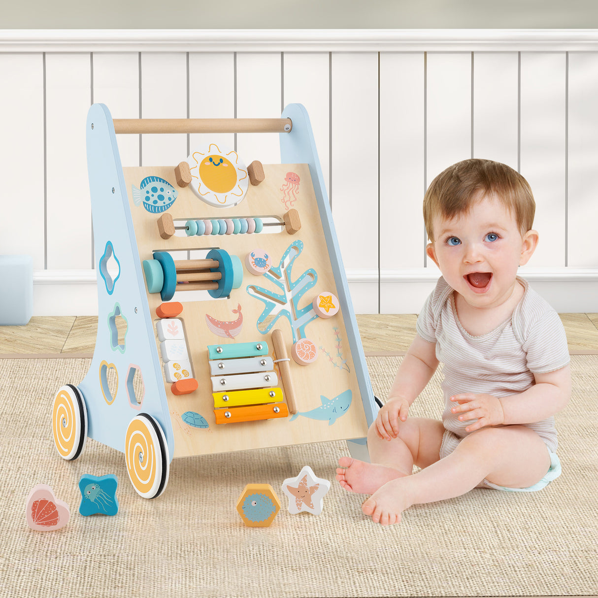8-in-1 Wooden Baby Walker, Push and Pull Learning Activity Center for 1+ Years Old