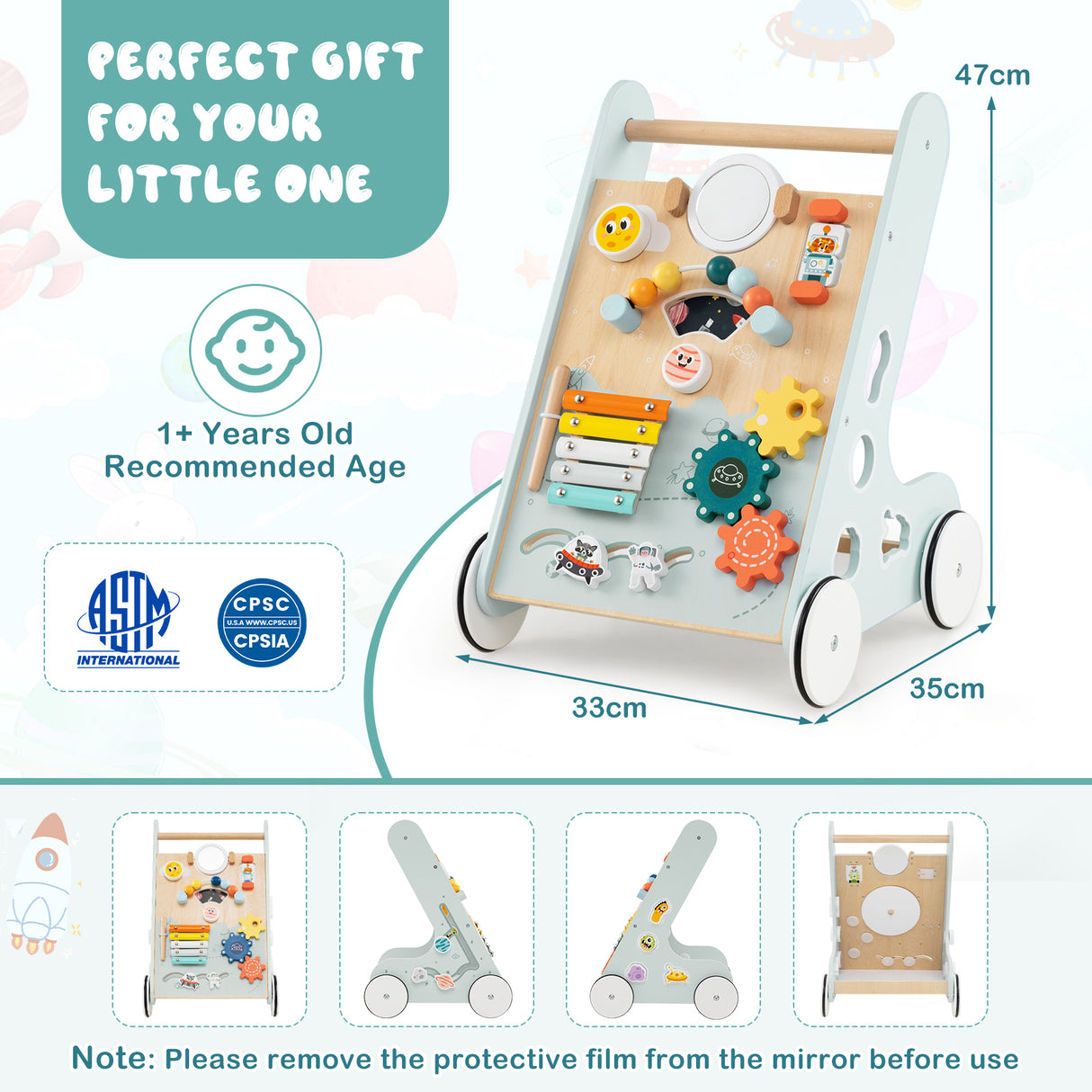 8-in-1 Wooden Baby Walker, Montessori Walker Toy with Wheels