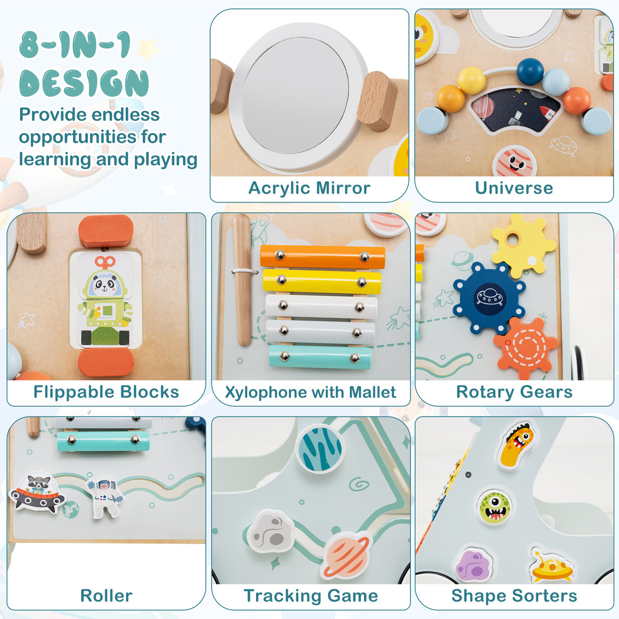 8-in-1 Wooden Baby Walker, Montessori Walker Toy with Wheels