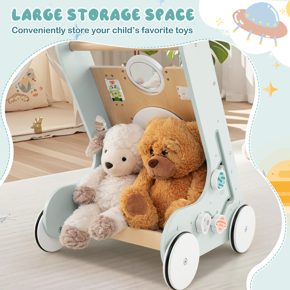 8-in-1 Wooden Baby Walker, Montessori Walker Toy with Wheels