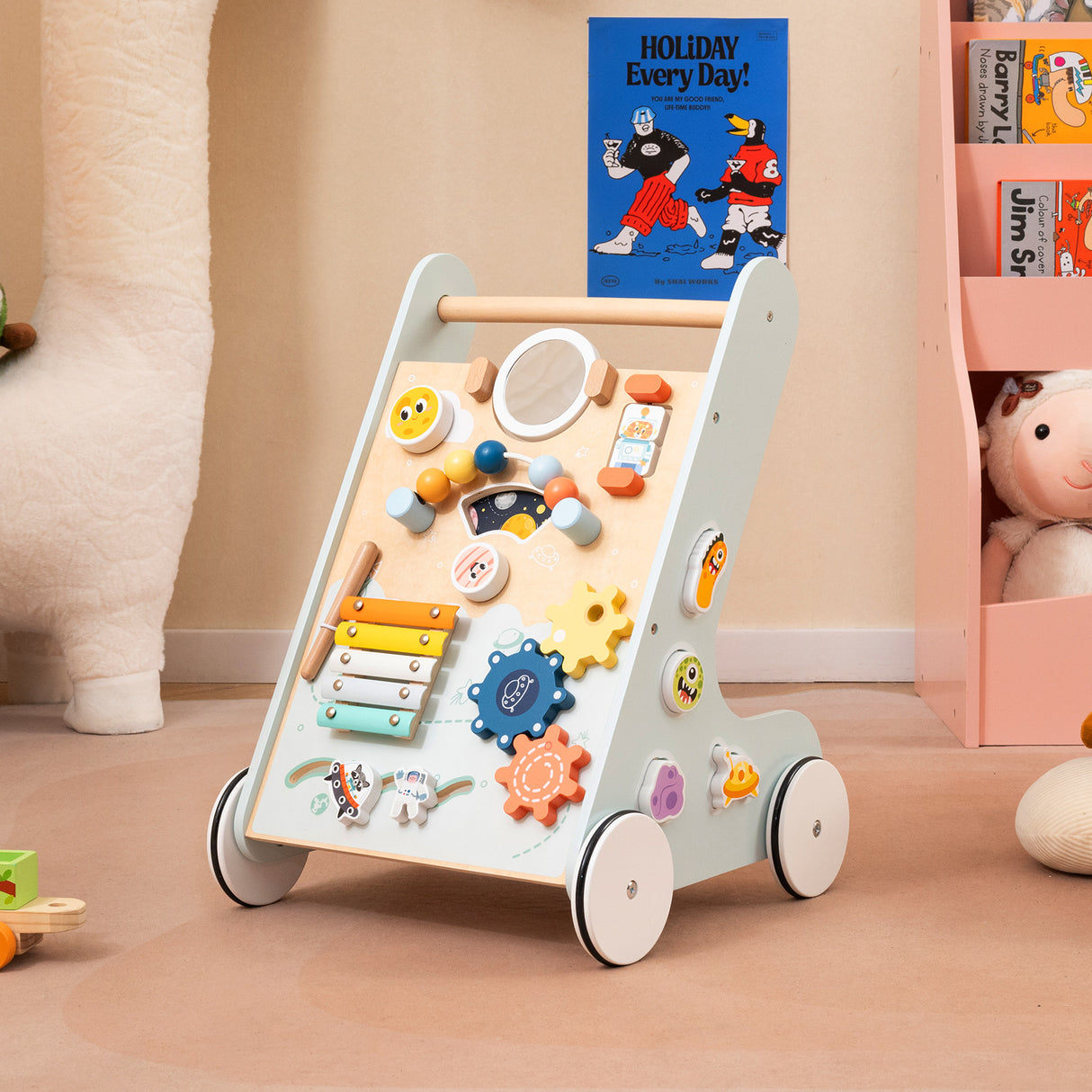 8-in-1 Wooden Baby Walker, Montessori Walker Toy with Wheels