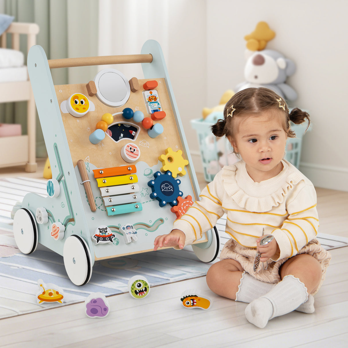 8-in-1 Wooden Baby Walker, Montessori Walker Toy with Wheels