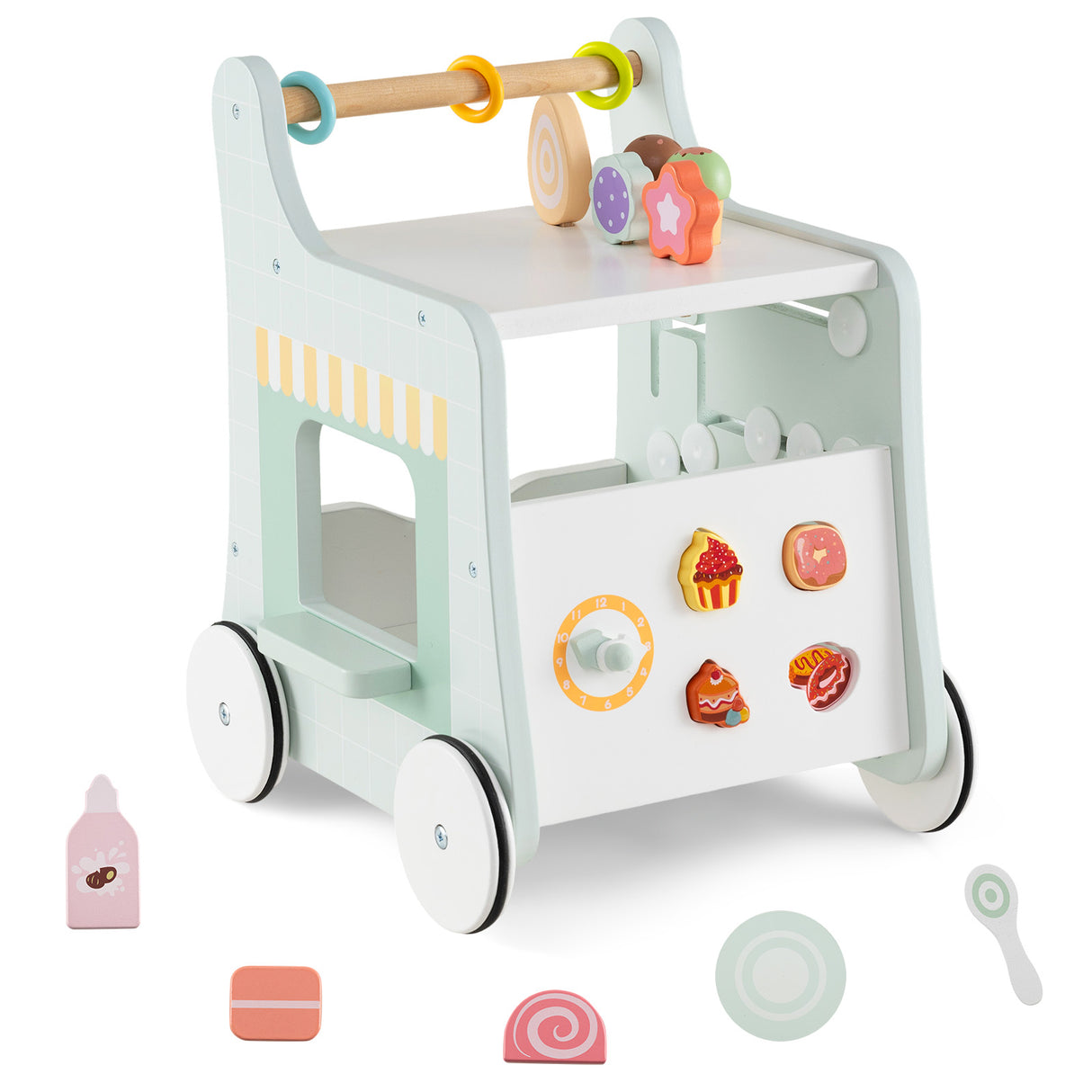 Children's toy walker with colorful attachments on a white background