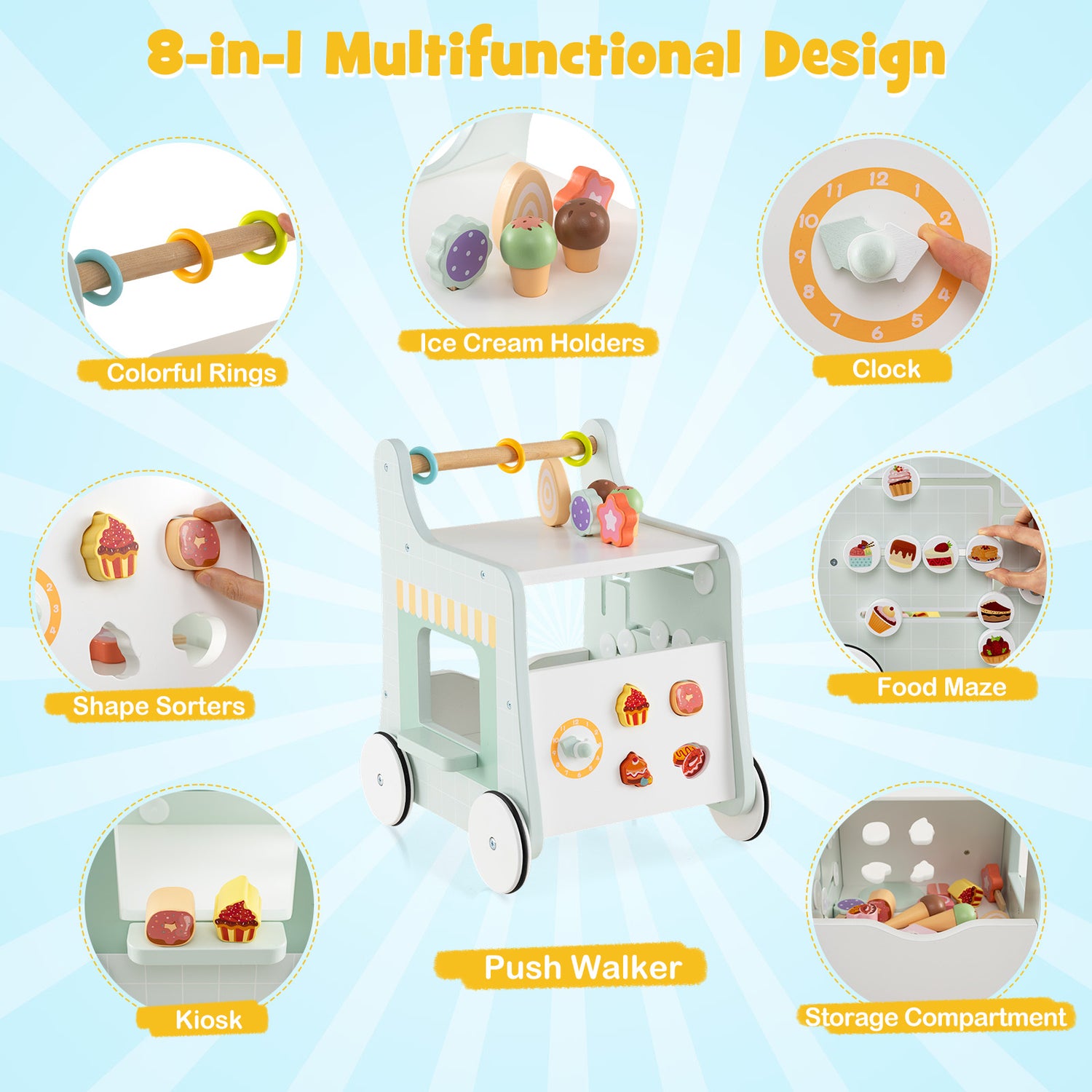 Multifunctional children's toy cart with various educational components on a light blue background.
