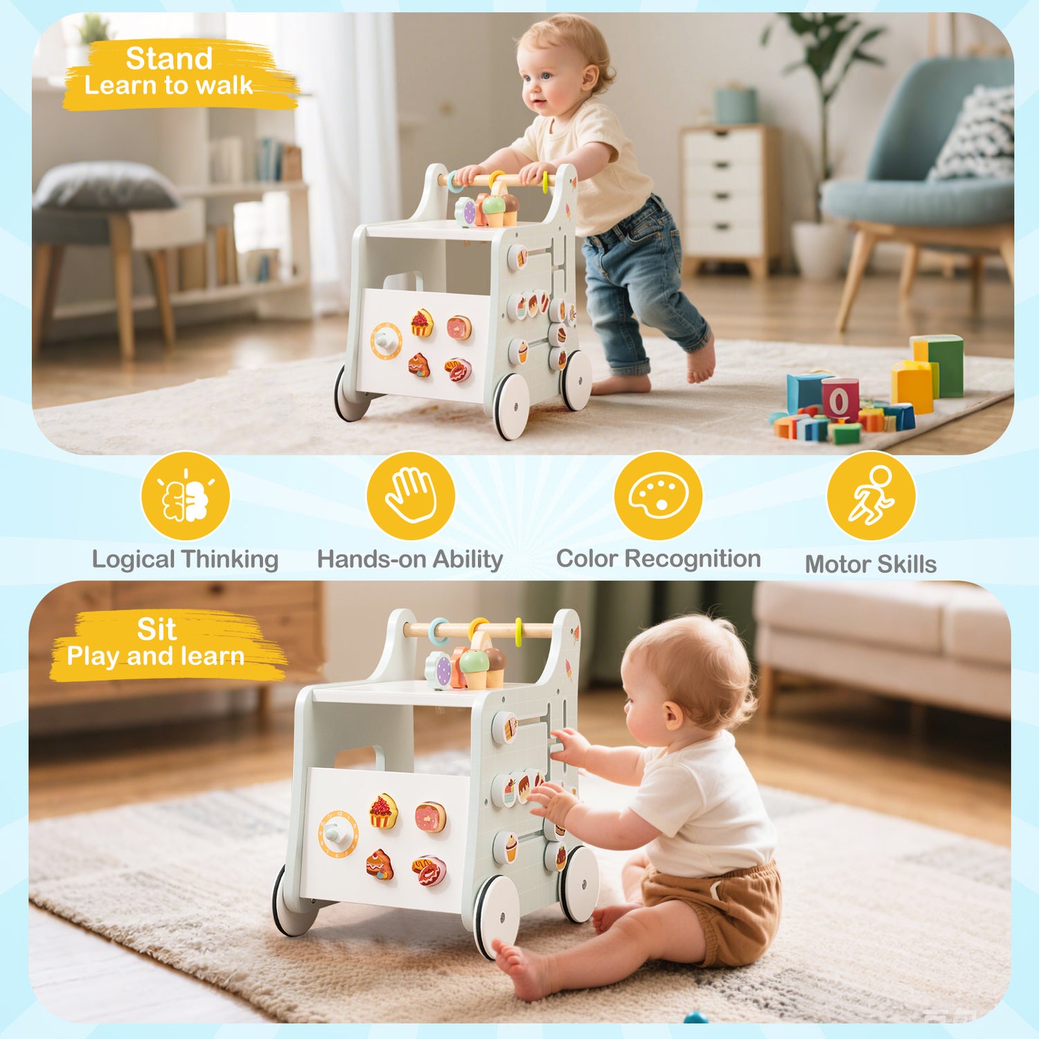 Child playing with a toy walker in a home setting, with text highlighting developmental benefits.