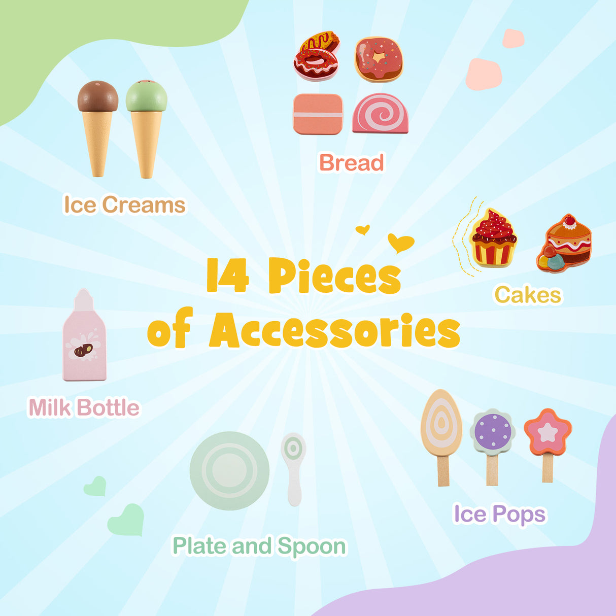 Set of toy accessories including ice creams, bread, cakes, milk bottle, plate and spoon, and ice pops on a colorful background.