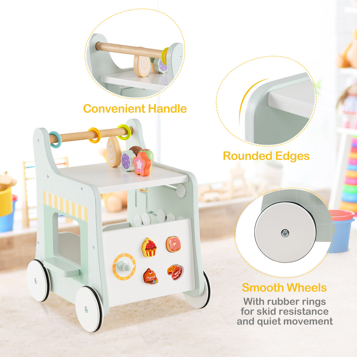 Children's wooden push toy with features highlighted on a light background