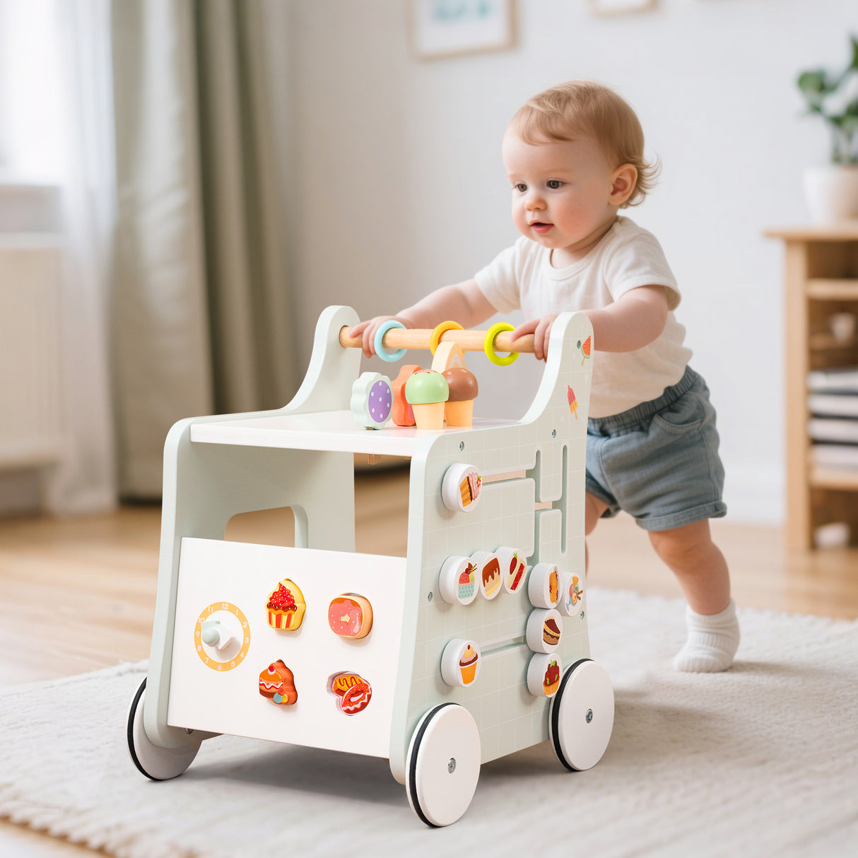 Child playing with a colorful toy walker in a bright room