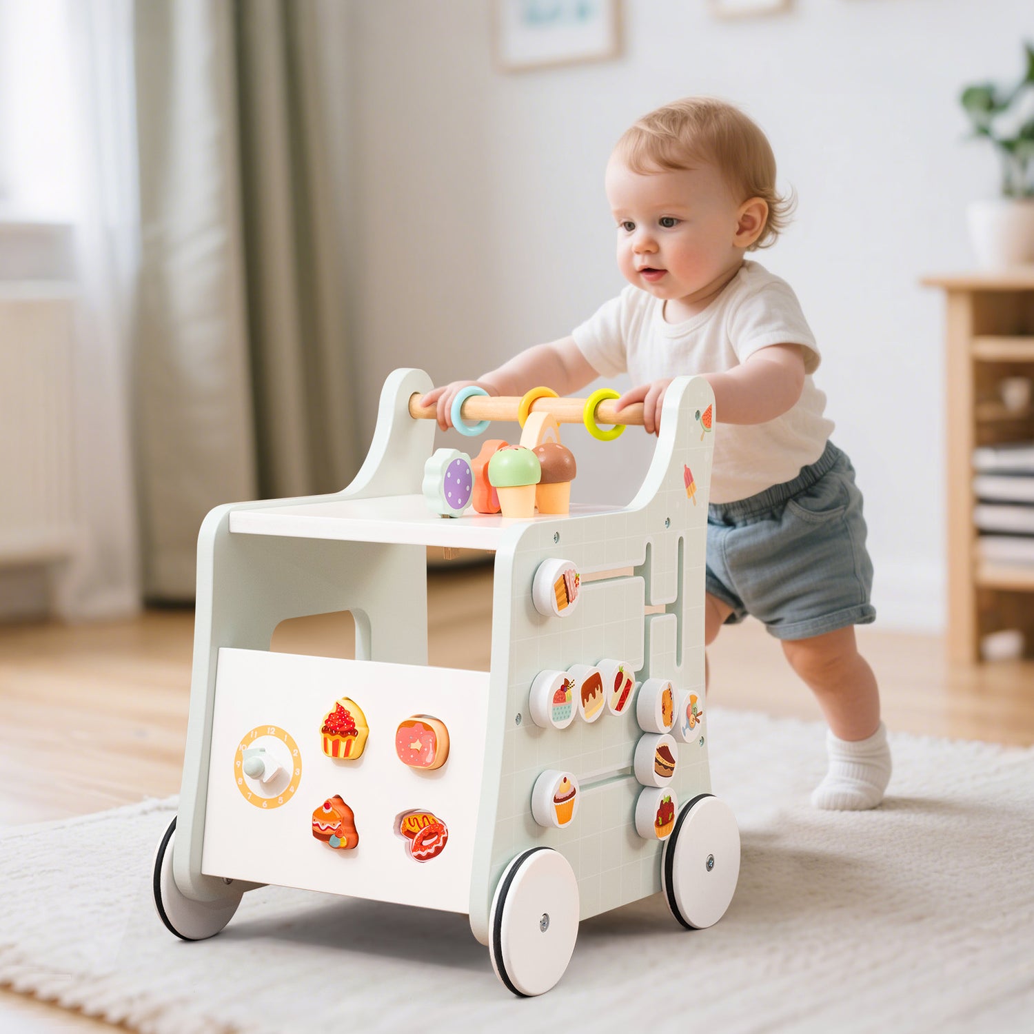 Child playing with a colorful toy walker in a bright room