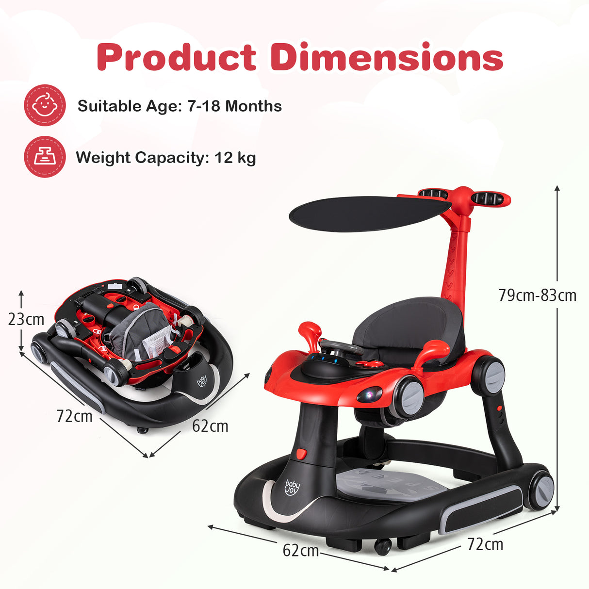 Red and black children's multi-function toy with dimensions and product details on a white background