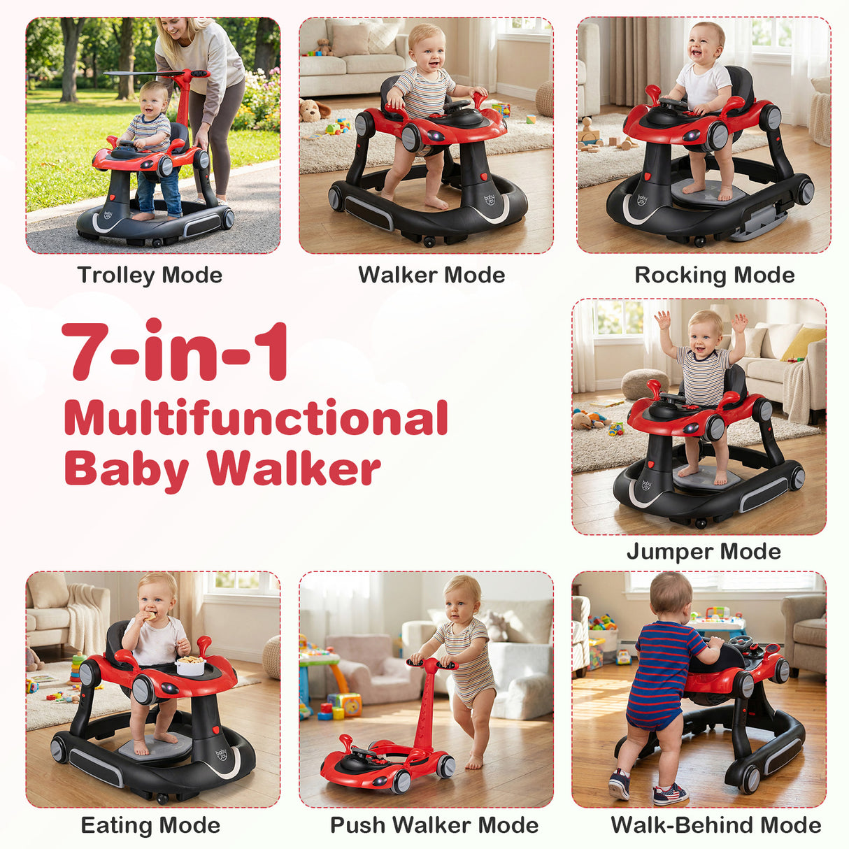 Multifunctional baby walker in various modes with text '7-in-1 Multifunctional Baby Walker'.