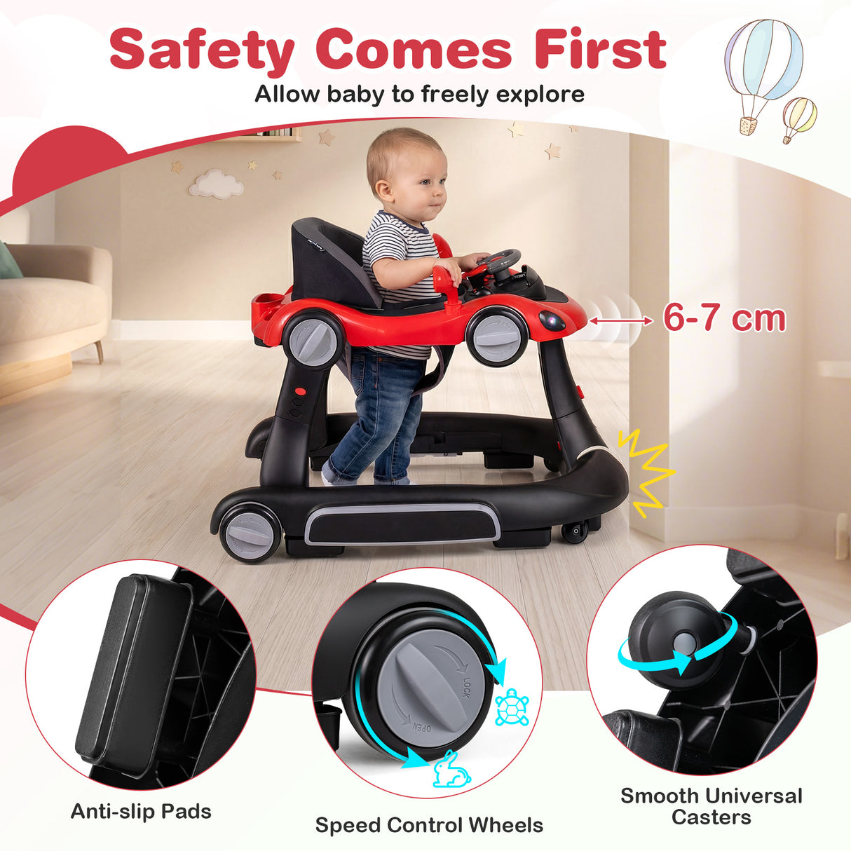 Baby walker with safety features highlighted, including anti-slip pads, speed control wheels, and smooth universal casters.