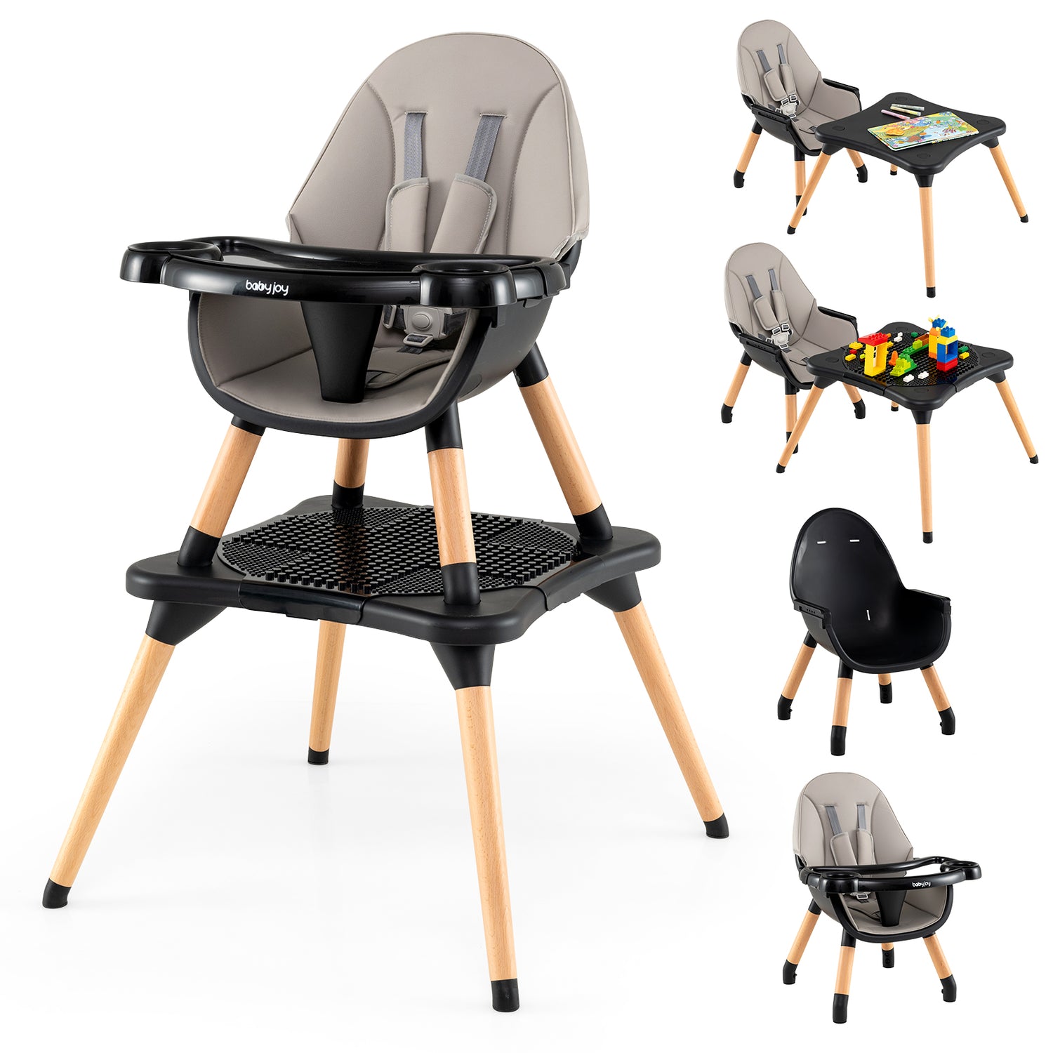 6-in-1 Convertible Table Chair Set, Wooden Infant Seat Feeding Dining Studying Chair for Kids 6-36 Months