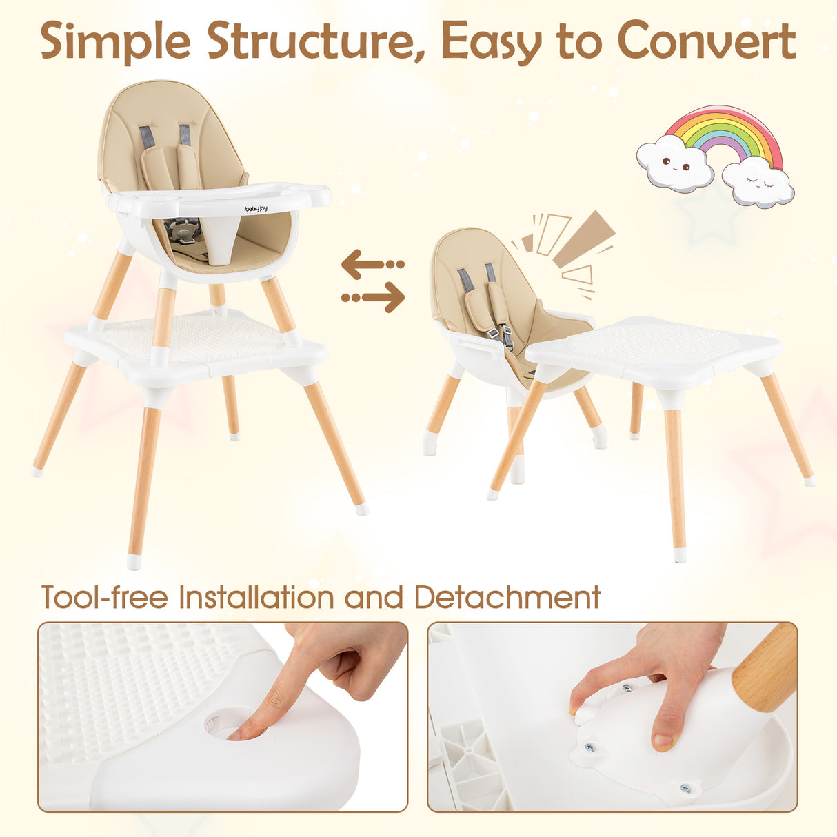 6-in-1 Convertible Table Chair Set, Wooden Infant Seat Feeding Dining Studying Chair for Kids 6-36 Months