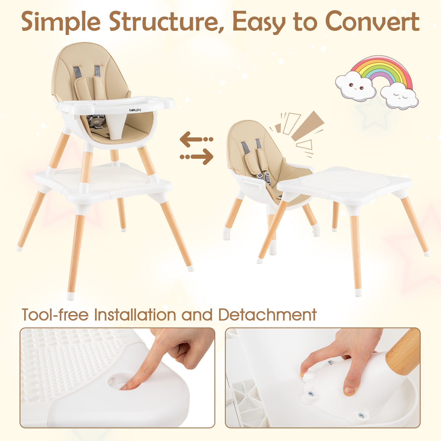 6-in-1 Convertible Table Chair Set, Wooden Infant Seat Feeding Dining Studying Chair for Kids 6-36 Months