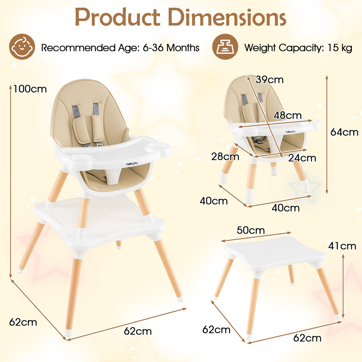 6-in-1 Convertible Table Chair Set, Wooden Infant Seat Feeding Dining Studying Chair for Kids 6-36 Months