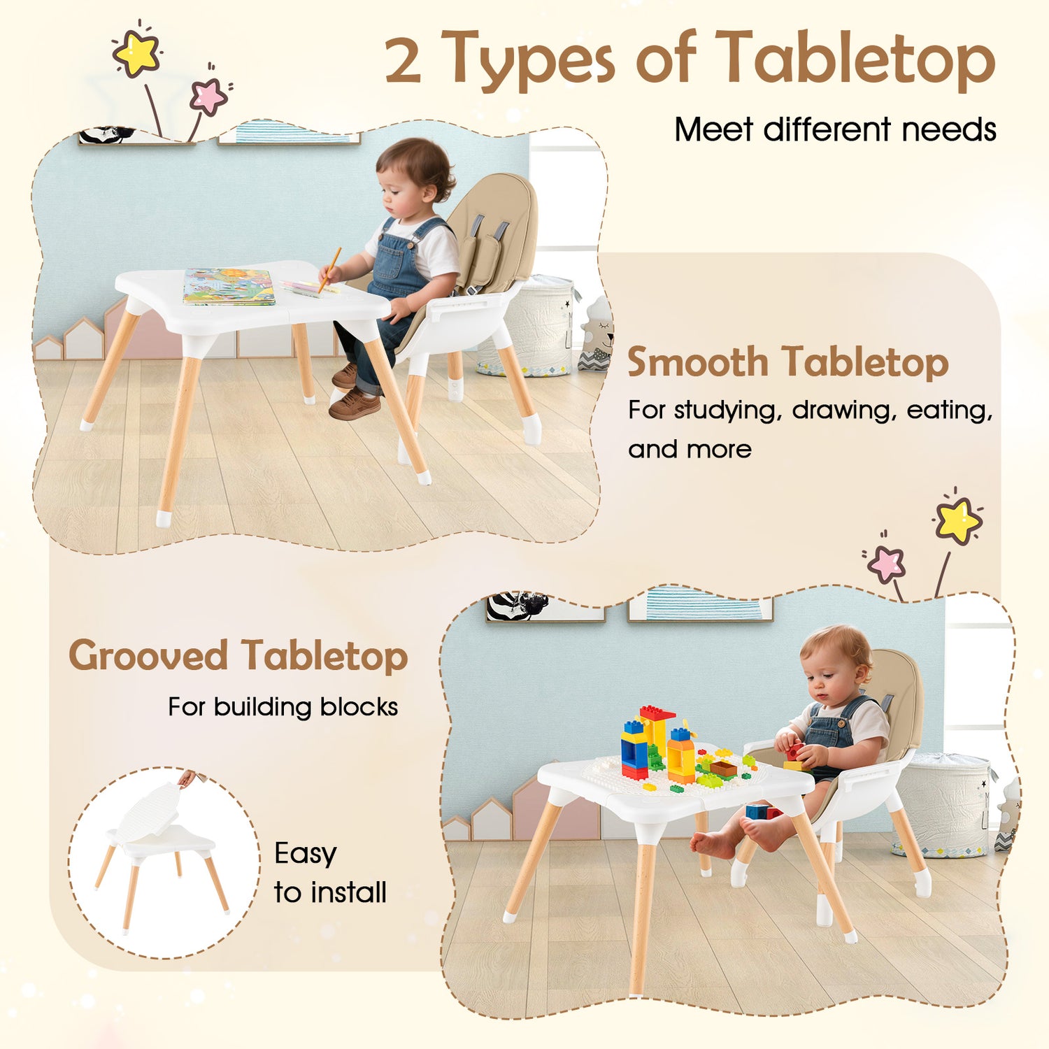 6-in-1 Convertible Table Chair Set, Wooden Infant Seat Feeding Dining Studying Chair for Kids 6-36 Months