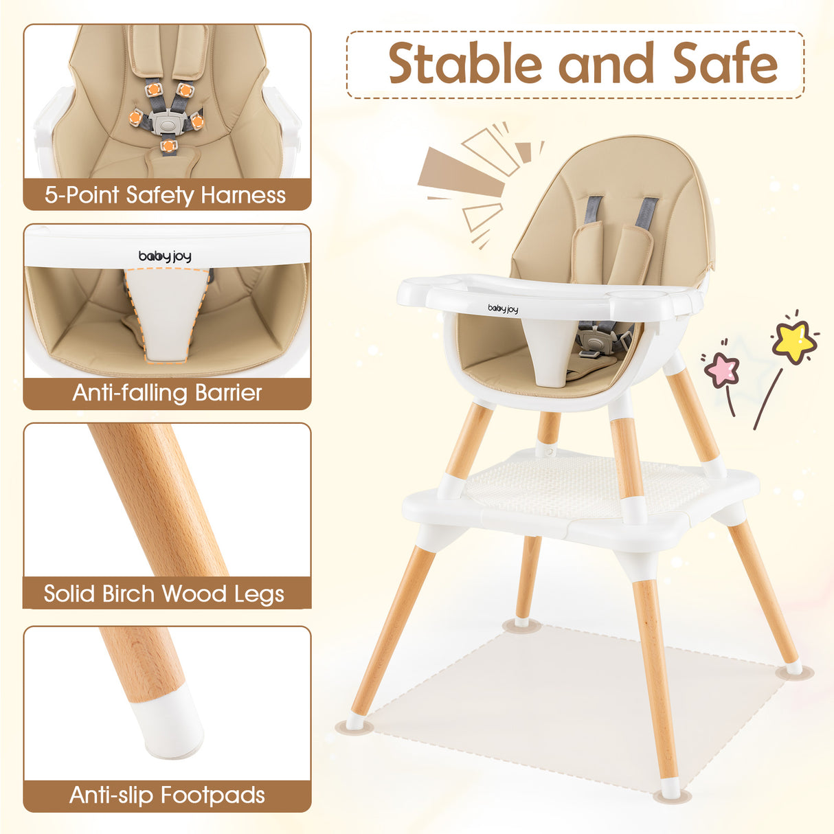 6-in-1 Convertible Table Chair Set, Wooden Infant Seat Feeding Dining Studying Chair for Kids 6-36 Months